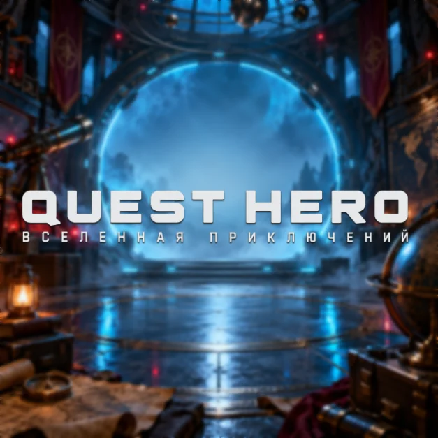 Логотип QUEST HERO на фоне фантастического мира